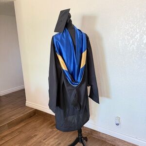 Classic Black Graduation Gown with Blue and Gold Hood